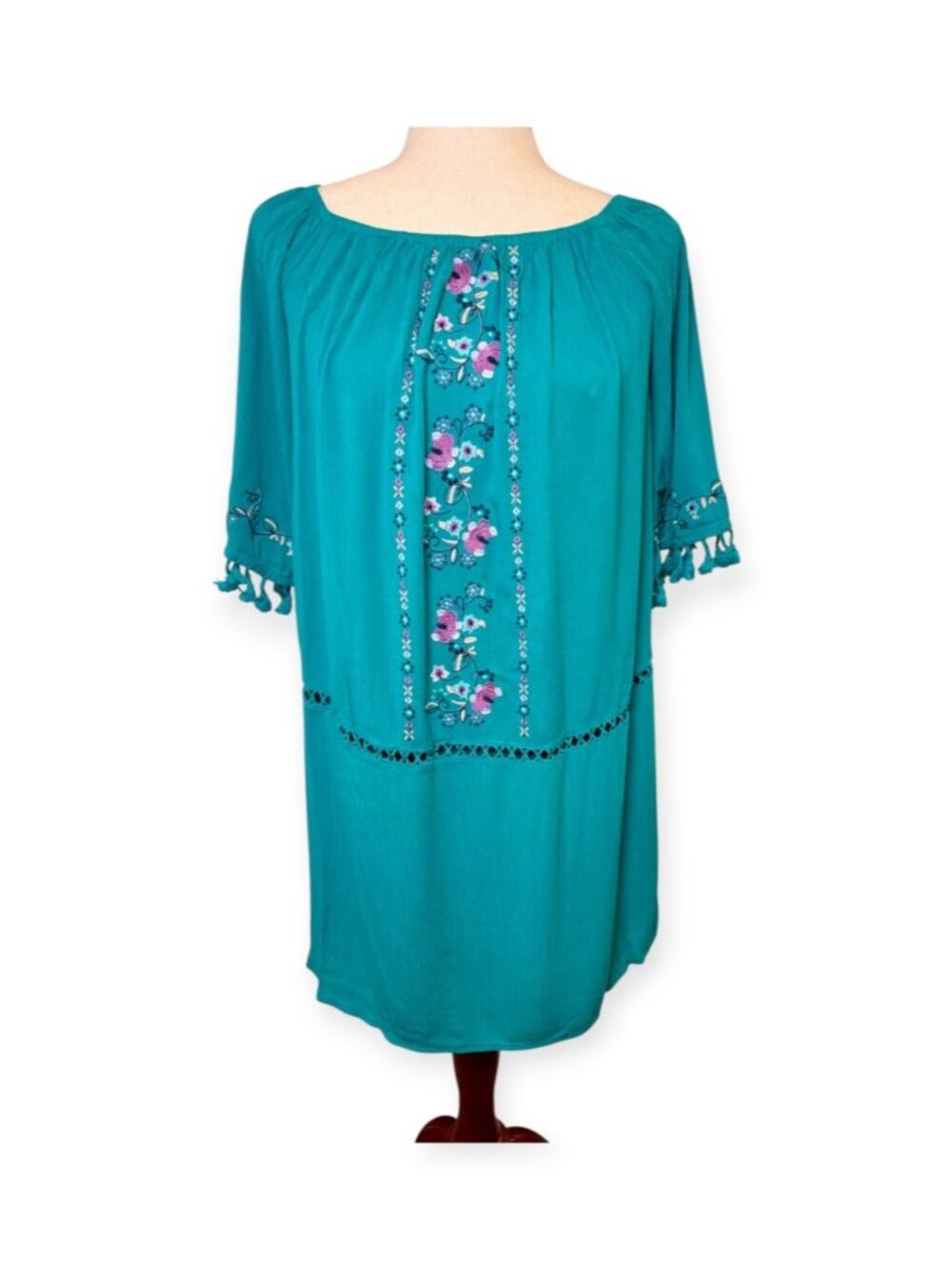 Xhilaration Teal Blue Embroidered Tassel Boho Peasant Shift Dress Size Medium